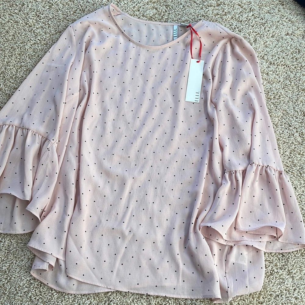 NEW w/ Tags Elle Light Pink Polka Dot Chiffon Long-Sleeve Blouse Size XL